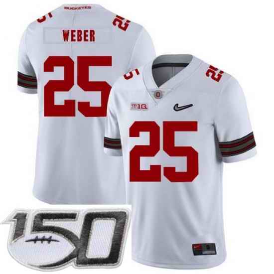 Ohio State Buckeyes 25 Mike Weber White Diamond Nike Logo College Football Stitched 150th Anniversary Patch Jersey